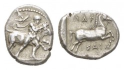 Thessaly, Larissa Drachm Circa 450-420, AR 17mm., 6.00g. Thessalos, nude but for petasos and cloak tied at neck, holding band across horns of bull lea...