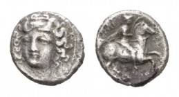 Thessaly, Larissa Trihemiobol Circa 356-337, AR 11mm., 0.96g. Head of the nymph Larissa facing slightly left, with hair in ampyx. Rev. Thessalian cava...
