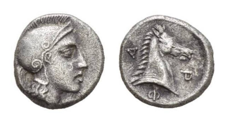 Thessaly, Pharsalos Obol Mid-late 5th century, AR 10mm., 0.99g. Helmeted head of...