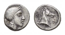 Thessaly, Pharsalos Obol Mid-late 5th century, AR 10mm., 0.99g. Helmeted head of Athena right. Rev. Head of horse right within incuse square. SNG Cope...