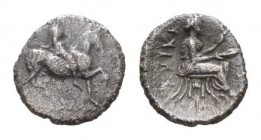 Thessaly, Trikka Trihemiobol Circa 450-400, AR 11mm., 1.09g. Horseman right, holding spear / Nymph seated right, holding uncertain object, within circ...