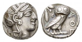 Attica, Athens Tetradrachm Circa 403-365, AR 22.5mm., 14.67g. Head of Athena r., wearing crested Attic helmet. Rev. AΘΕ Owl standing r., head facing; ...