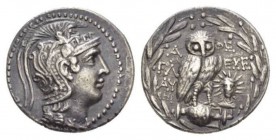 Attica, Athens Tetradrachm Circa 138-137, AR 30mm., 16.78g. Head of Athena Parthenos right. Rev. Owl standing right, head facing, on amphora; magistra...