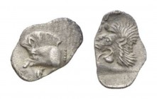 Mysia, Kyzikos Hemiobol Circa 450-400, AR 8mm., 0.30g. Forepart of boar left; to right, tunny upward. Rev. Head of lion left; star to upper left; all ...
