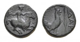 Troas, Dardanos Bronze Circa 4th century, Æ 12mm., 2.84g. Horseman galloping right, wearing petasos. Rev. ΔΑΡ. Cock standing right; spearhead to right...