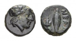 Troas, Neandria bronze Circa 4th century, Æ 10mm., 1.31g. Laureate head of Apollo right. Rev. Barley grain; grape bunch to right. SNG Ashmolean 1174; ...
