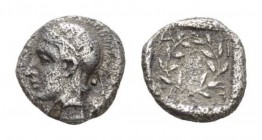 Aeolis, Elaia Diobol Circa 450-400, AR 10mm., 1.21g. Helmeted head of Athena left. Rev. Laurel wreath within incuse square. SNG Ashmolean 1432–3; SNG ...