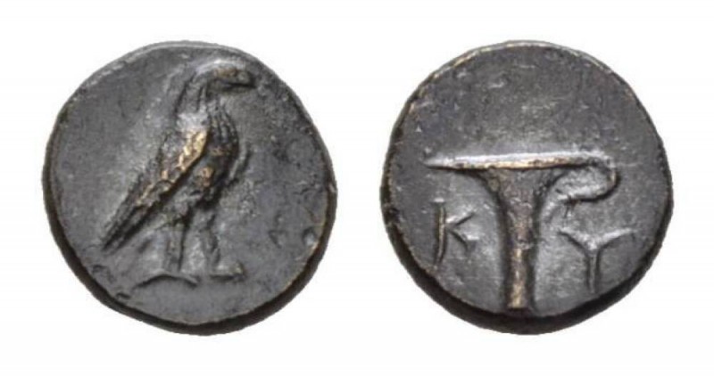 Aeolis, Kyme Bronze Circa 300-250, Æ 10mm., 1.09g. Eagle standing right. Rev. On...