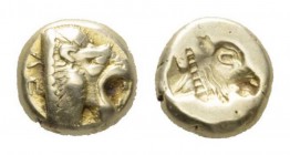 Lesbos, Mytilene Hecte Circa 521-478, EL 10.5mm., 2.53g. Head of lion l., with open jaws, behind ΛE. Rev. Calf's head r., incuse. Dewing 559. Bodenste...