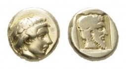 Lesbos, Mytilene Hecte Circa 454-427, EL 10.5mm., 2.52g. Head of youth right, wearing taenia. Rev. Archaic bearded head (Dionysos?) right, within line...