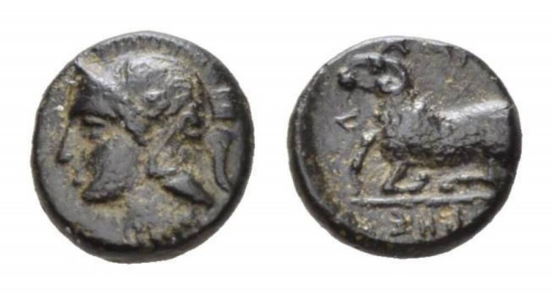 Ionia, Klazomenai Bronze Circa 375-340, Æ 11mm., 1.29g. Head of Athena left, wea...