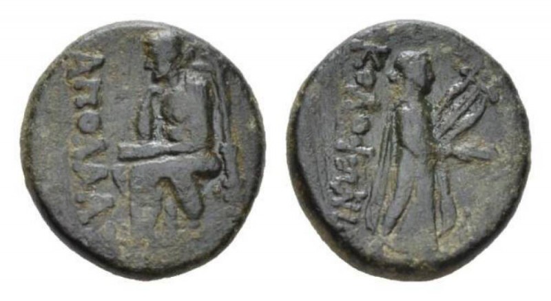 Ionia, Kolophon Bronze Circa 50, Æ 18mm., 5.22g. Apollas, magistrate. Homer seat...