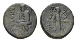Ionia, Kolophon Bronze Circa 50, Æ 18mm., 5.22g. Apollas, magistrate. Homer seated left on throne, holding scroll in left hand, resting chin on right ...