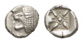 Ionia, Miletos Diobol Late 6th-early 5th century, AR 10mm., 1.12g. Forepart of lion right, head left. Rev. Stellate design within incuse square. SNG K...