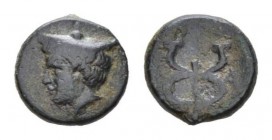 Ionia, Phokaia Bronze Circa 2nd century, Æ 12mm., 1.44g. Head of Hermes left, wearing petasos / Monogram of Phokaia (composed of “Φ” and “ω”) in form ...
