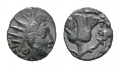 Islands off Caria, Rhodos, Rhodes bronze Circa 200-190, Æ 11mm., 1.02g. Radiate head of Helios right. Rev. Rose with bud to right. Ashton 332; SNG Kec...
