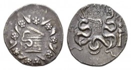 Lydia, Nysa Cistophoric Tetradrachm Circa 133-67, AR 25mm., 12.12g. Anneoteros, magistrate. Dated CY 23 (112/1 BC). Cista mystica with serpent; all wi...
