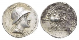 Bactria, Eucratides I, circa 171 – 145Pushkalavati Tetradrachm Circa 171-145, AR 31mm., 16.89g. Draped bust of Eucratides r., wearing horned helmet; a...
