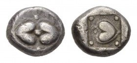 Cyrenaica, Cyrene Drachm Circa 520-480, AR 14mm., 4.05g. Two silphium fruits back to back. Rev. Silphium fruit within incuse within incuse square with...