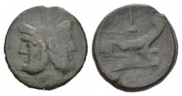 As circa after 211, Æ 32.5mm., 34.98g. Laureate head of Janus; above, mark of value. Rev. Prow r.; above, mark of value and below, ROMA. Sydenham 143....