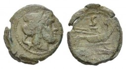 Semis circa after 211, Æ 25.5mm., 10.38g. Laureate head of Saturn r; behind, S. Rev. Prow r.; above, S and below, ROMA. Sydenham 143a. Crawford 56/3
...