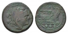 Quadrans circa after 211, Æ 27mm., 13.76g. Head of Hercules r., wearing lion's skin; behind, three pellets. Rev. ROMA Prow r.; below, three pellets. S...