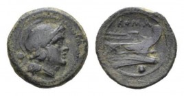 Uncia circa after 211, Æ 17mm., 4.46g. Head of Roma r., wearing Attic helmet. Rev. ROMA Prow r.; below, pellet. Sydenham 143e. Crawford 56/7.
 
 Gre...