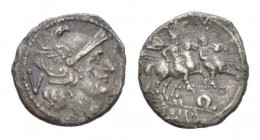 Q series Quinarius circa South East Italy circa 211-210, AR 15mm., 1.93g. Helmeted head of Roma r.; behind, V. Rev. The Dioscuri galloping r.; below, ...