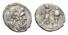 Victoriatus circa circa 214-212, AR 15mm., 2.66g. Laureate head of Jupiter right Rev. Victory crowning trophy; in lower centre field, L and in exergue...