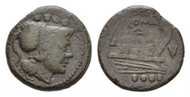 Anonymous struck bronze mint of Luceria: fourth series Triens circa Luceria circa 206-195, Æ 24mm., 8.53g. Helmeted head of Minerva r.; above, four pe...