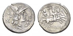 M. Aurelius Cotta 140 BC. Denarius circa 140 BC., AR 18mm., 3.98g. Helmeted head of Roma right with pendant necklace; behind, X and before, COTA. Rev....