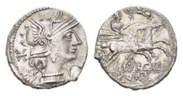 P. Calpurnius. Denarius circa 133, AR 21.5mm., 3.66g. Helmeted head of Roma r.; behind, *. Rev. Goddess, crowned by Victory, in prancing biga r.; belo...