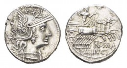 L. Minucius. Denarius circa 133, AR 19.5mm., 3.75g. Helmeted head of Roma r.; behind, Ú. Rev. Jupiter in prancing quadriga r., hurling thunderbolt and...