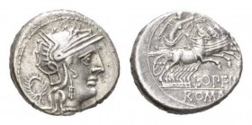 L. Opimius. Denarius circa 131, AR 17mm., 3.85g. Helmeted head of Roma r.; below chin, Û and behind, wreath. Rev. Victory in quadriga r., holding rein...