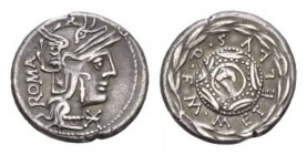 M. Caecilius Q.f. Q.n. Metellus. Denarius circa 127, AR 19mm., 3.87g. Helmeted head of Roma r., with star on flap; behind, ROMA upwards and below chin...