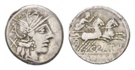 C. Porcius Cato Denarius circa 123, AR 18mm., 3.85g. Helmeted head of Roma r.; behind, X. Rev. Victory in fast biga r.; below horses, C·CATO and in ex...