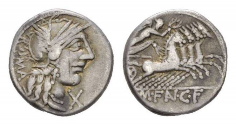 M. Fannius C.f. Denarius circa 123, AR 17.5mm., 3.83g. Helmeted head of Roma r.;...