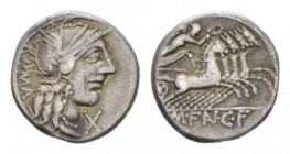 M. Fannius C.f. Denarius circa 123, AR 17.5mm., 3.83g. Helmeted head of Roma r.; behind, ROMA and below chin, X. Rev. Victory, holding wreath, in pran...