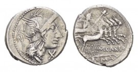 M. Papirius Carbo. Denarius circa 122, AR 20mm., 3.83g. Helmeted head of Roma r.; behind, branch and below chin, X. Rev. Jupiter in prancing quadriga ...