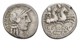 Q. Minicius Rufus. Denarius circa 122, AR 18mm., 3.82g. Helmeted head of Roma r.; behind, RVF and below chin, X. Rev. The Dioscuri galloping r.; below...
