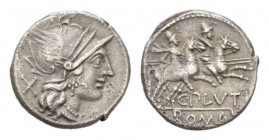 C. Plautius Denarius circa 121, AR 18mm., 3.87g. Helmeted head of Roma r.; behind, X. Rev. The Dioscuri galloping r.; below, C·PLVTI and ROMA in parti...