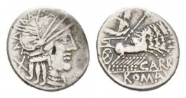 Cn. Papirius Carbo Denarius circa 121, AR 19mm., 3.90g. Helmeted head of Roma r.; behind, X. Rev. Jupiter in prancing quadriga r., holding sceptre and...