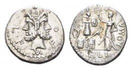 M. Furius L.f. Philus. Denarius circa 121, AR 19mm., 3.75g. M·FOVRI·L·F Laureate head of Janus. Rev. Roma standing l., wearing Corinthian helmet and h...