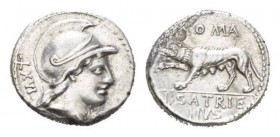 P. Satrienus Denarius circa 77, AR 18mm., 3.91g. Helmeted head of Roma r.; behind, XXVI. Rev. ROMA She-wolf l., r. forepaw raised; in exergue, P·SATRI...