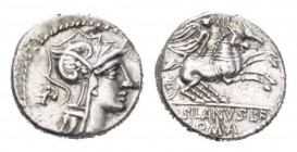 D. Junius Silanus L.f. Denarius circa 91, AR 18mm., 3.82g. Helmeted head of Roma r.; behind, B. Rev. Victory in prancing biga r.; above, XXI and in ex...