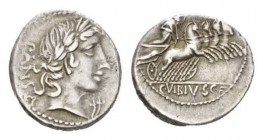 C. Vibius C.f. Pansa. Denarius circa 90, AR 18mm., 3.79g. PANSA Laureate head of Apollo r.; below chin, flower. Rev. Minerva in fast quadriga r., hold...