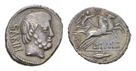 L. Tituri L.f. Sabinus. Denarius circa 89, AR 17mm., 3.55g. SABIN Head of King Tatius r. Rev. Victory in biga r., holding wreath; below, L·TITVRI and ...