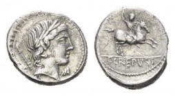 P. Crepusius Denarius circa 82, AR 18.5mm., 3.44g. Laureate head of Apollo r., sceptre on far shoulder behind which, control letter; below chin, shell...