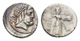 L. Procilius. Denarius circa 80, AR 18.5mm., 3.69g. Laureate head of Jupiter r.; behind, S·C. Rev. L·PROCILI / F Juno Sospita standing r., holding shi...