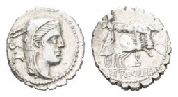 L. Procilius Denarius circa 80, AR 18.5mm., 3.90g. Head of Juno Sospita r.; behind, S·C. Rev. Juno Sospita in prancing biga r., holding shield and hur...